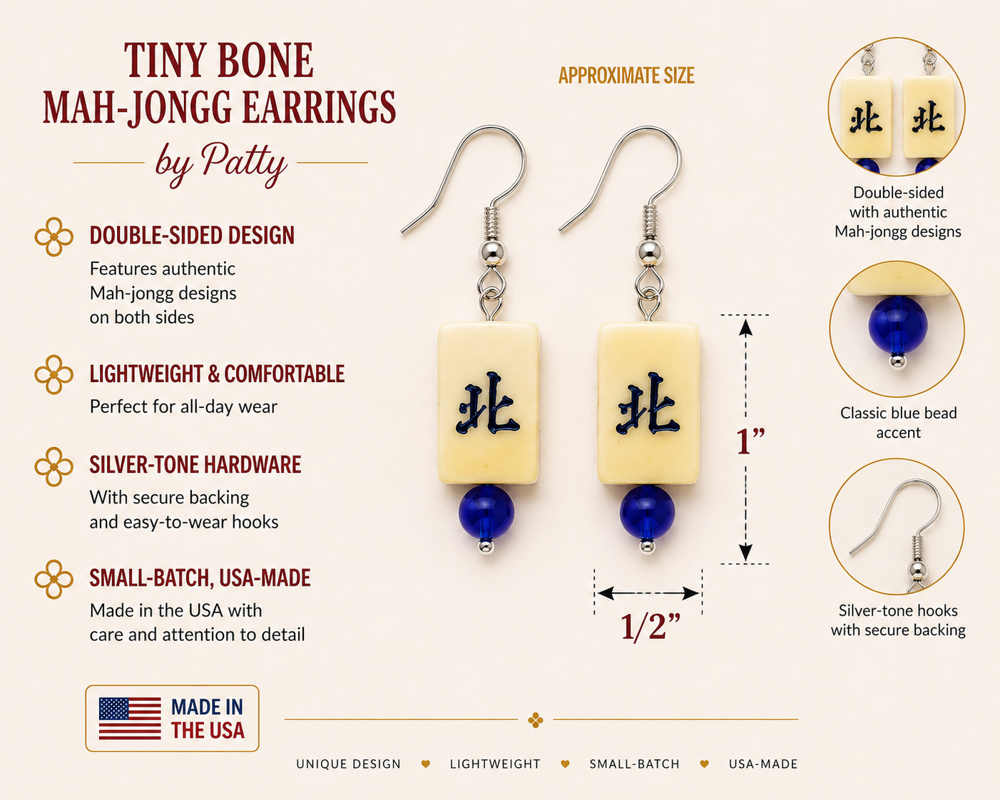 Tiny Bone Mah Jongg Earrings