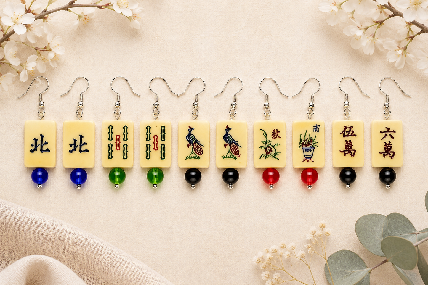 Mah-Jongg Jewelry by Patty - Tiny Bone Mah Jongg Earrings - Double-Sided Mahjong Earrings - Lightweight Vintage Style Earrings