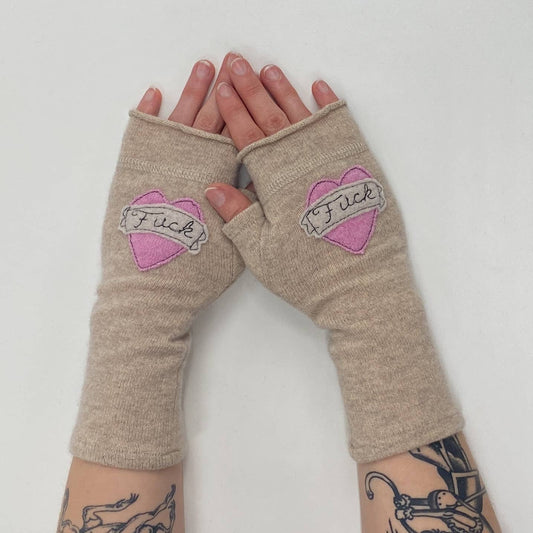 Fingerless Cashmere Gloves - Tattoo Heart EFF (Multiple Colors)
