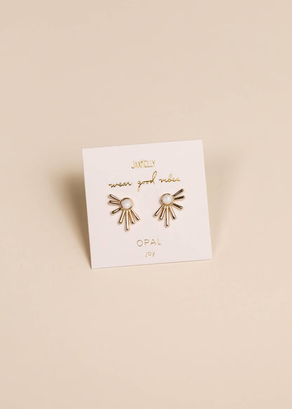 Sun Ray White Opal Gold Earrings