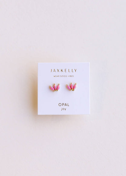 Pink Opal Crown Stud Gold Earrings