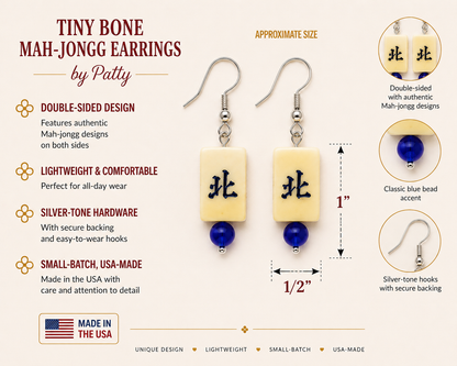 Mah-Jongg Jewelry by Patty - Tiny Bone Mah Jongg Earrings - Double-Sided Mahjong Earrings - Lightweight Vintage Style Earrings