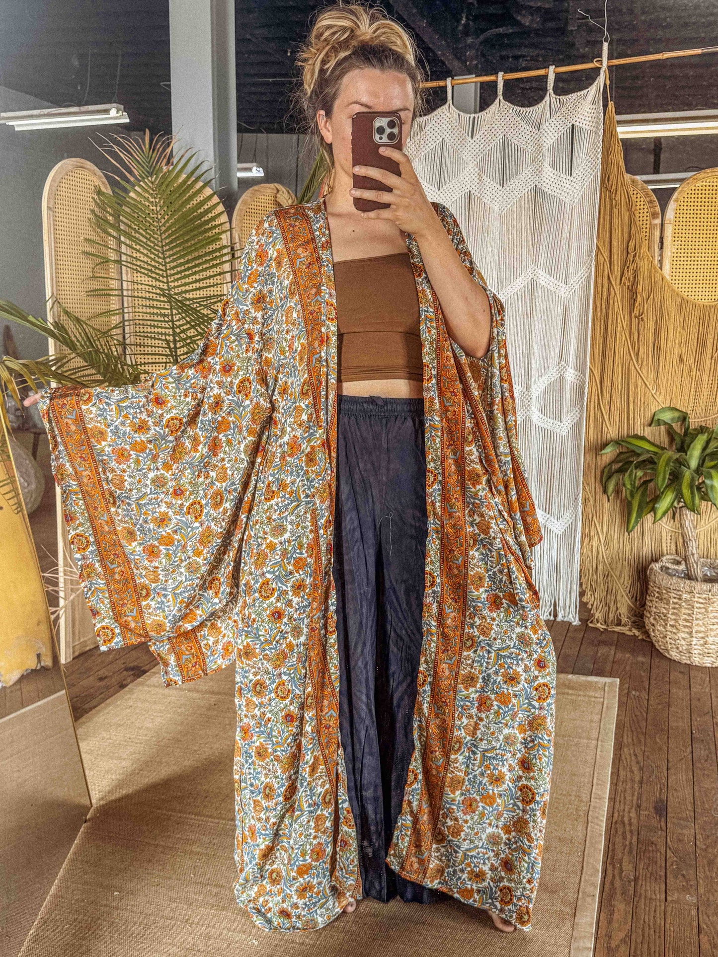 BOHO Silk Bell Sleeve Long Maxi Kimono Duster Cardigan