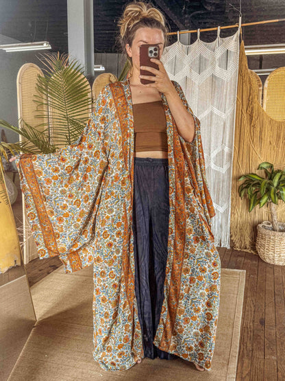 BOHO Silk Bell Sleeve Long Maxi Kimono Duster Cardigan