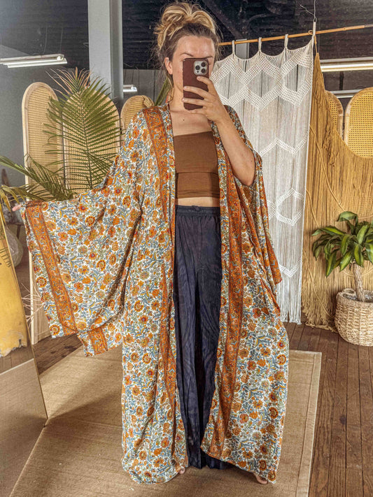BOHO Silk Bell Sleeve Long Maxi Kimono Duster Cardigan