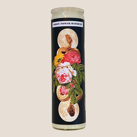 Moon Power Rebirth Altar Candle — serpent and moon ritual candle for rebirth and transformation

