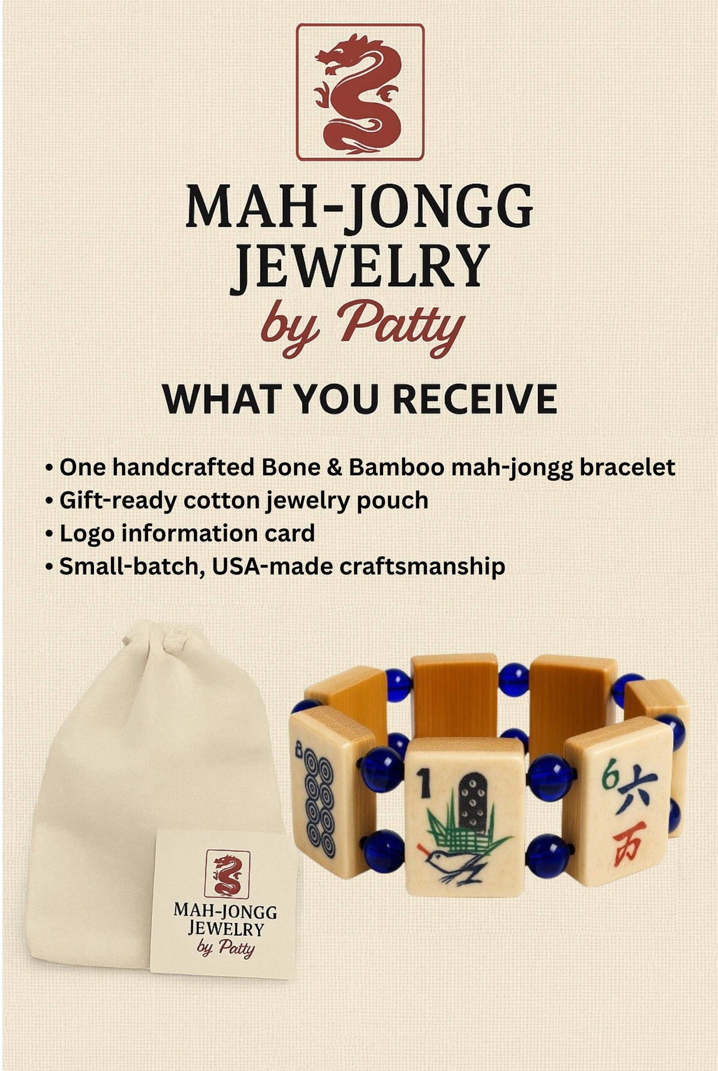 Mah-Jongg Jewelry by Patty - Vintage Handmade Bone & Bamboo Mah-Jongg Bracelet