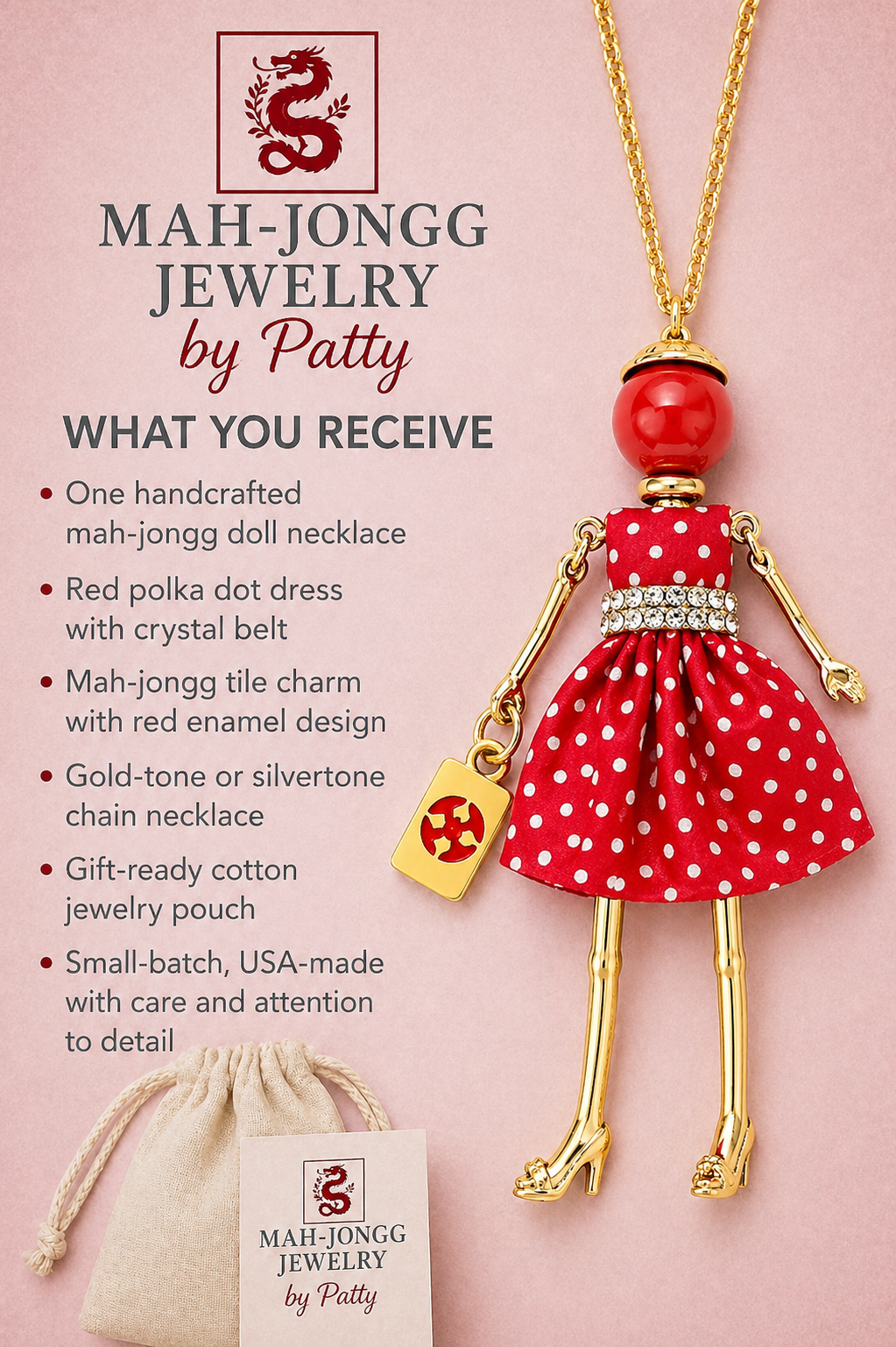 Mah-Jongg Jewelry by Patty - Mah Jongg Doll Trinket Necklace - Unique Gift for Mahjong Lovers