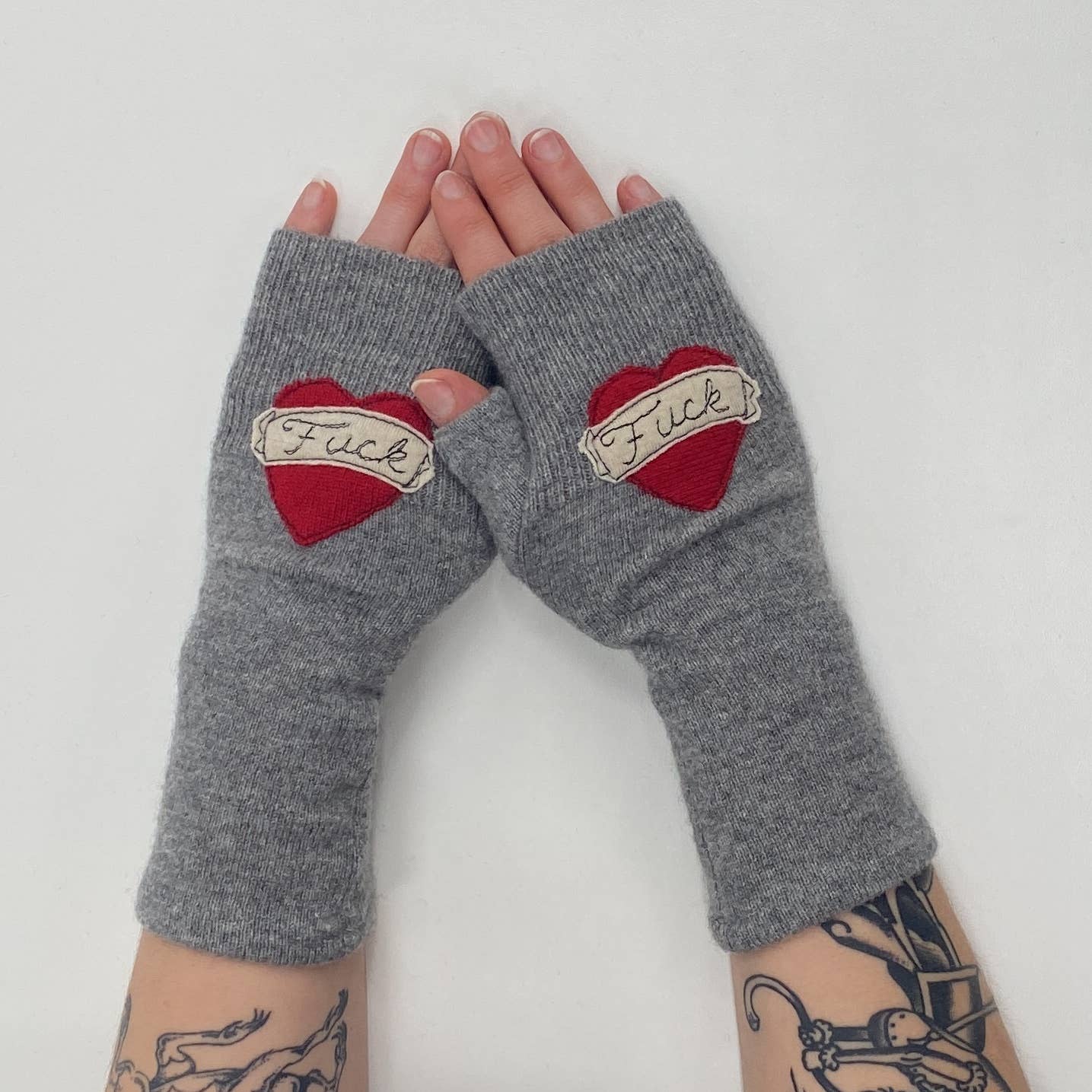 Fingerless Cashmere Gloves - Tattoo Heart EFF (Multiple Colors)