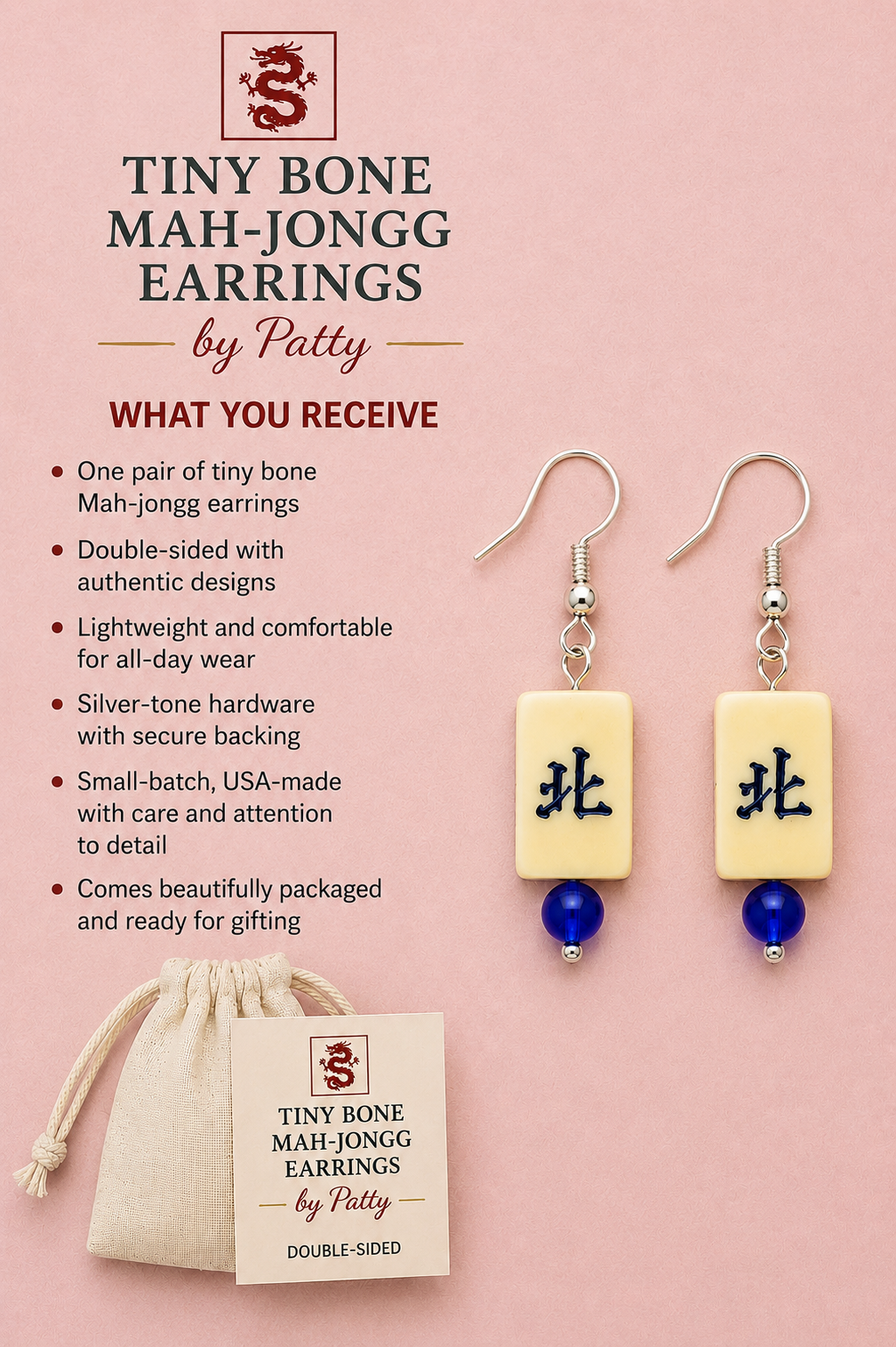 Mah-Jongg Jewelry by Patty - Tiny Bone Mah Jongg Earrings - Double-Sided Mahjong Earrings - Lightweight Vintage Style Earrings
